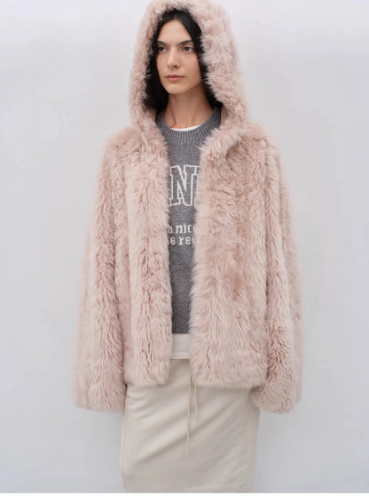 "Winter Snow" Lazy Silhouette Hooded Tuscan Curly Sheepskin Fur Coat Winter