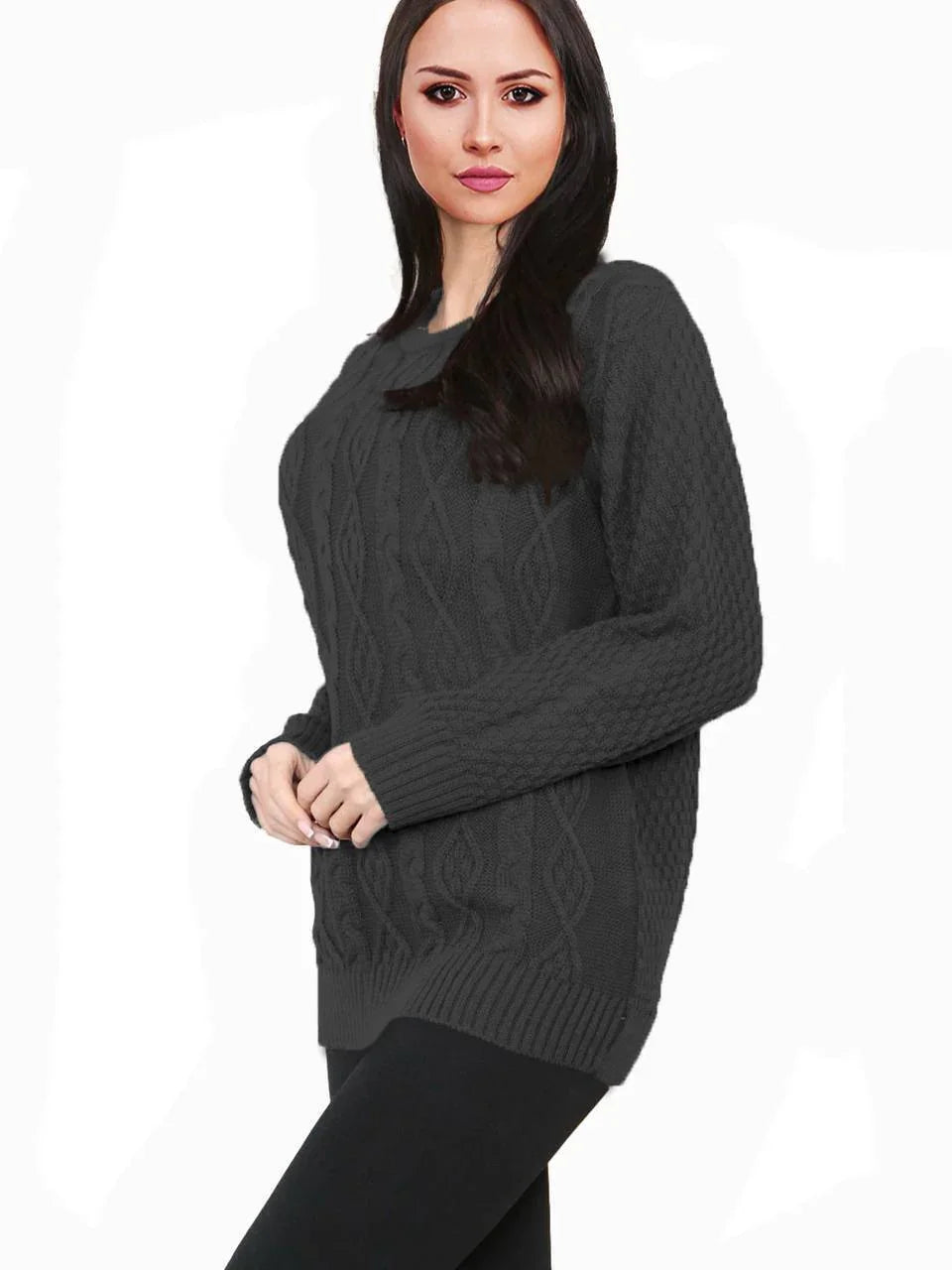 Women Long Sleeve Chunky Cable Knitted Crew Neck Winter Sweater Jumper Top