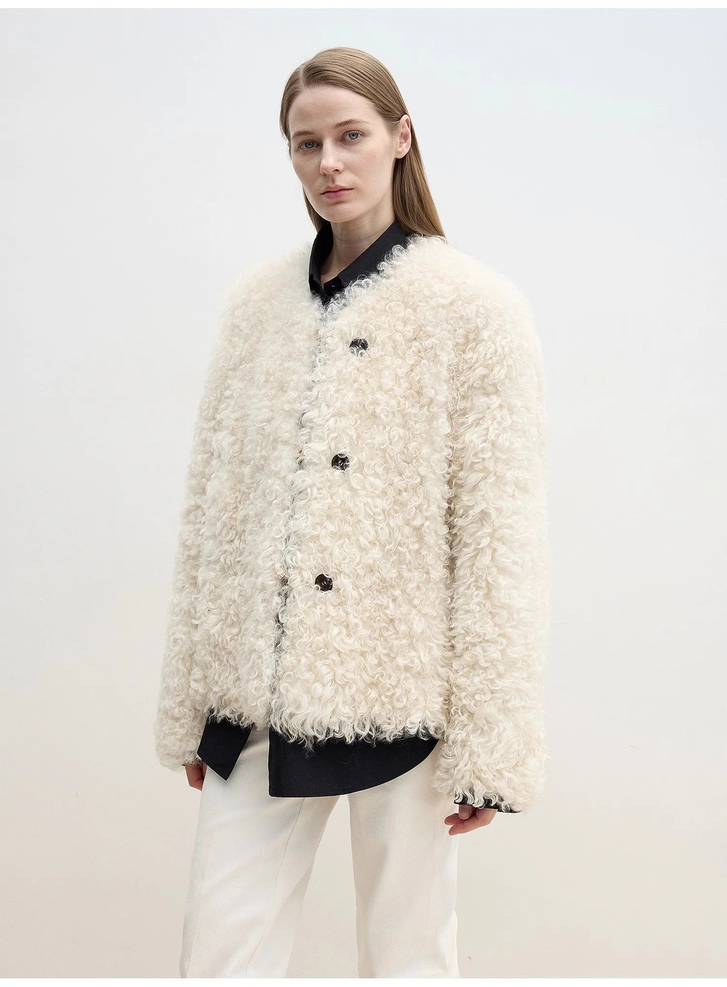 "Ghost Horse Girl" Merino Curly Sweetheart Collar Straight Fur Coat