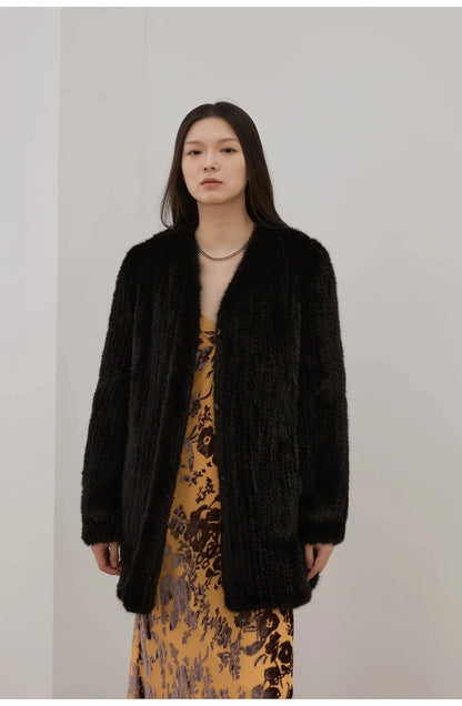 "Moon Serenade" High-Luxury Imported Velvet Mink Woven Fur Coat Mid-Length Mink Coat (Handmade)