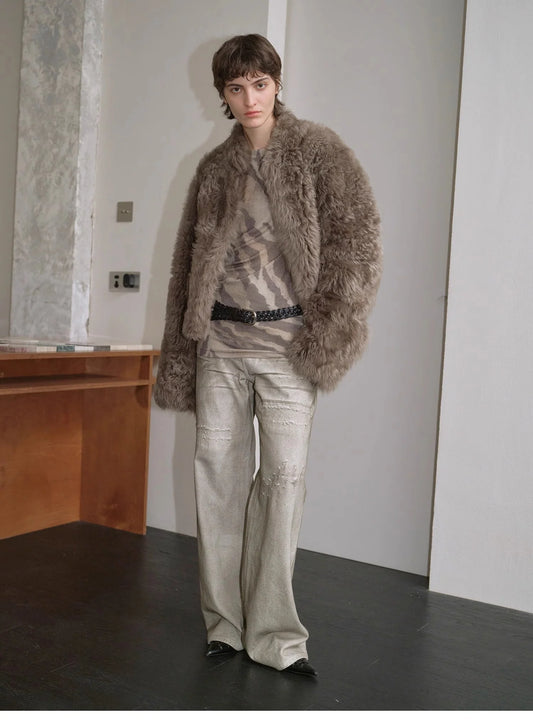 "Autumn Basel" Imported Tuscan Sheepskin Half-Roll Short Casual Fur Coat