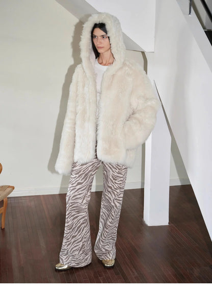 "Winter Snow" Lazy Silhouette Hooded Tuscan Curly Sheepskin Fur Coat Winter