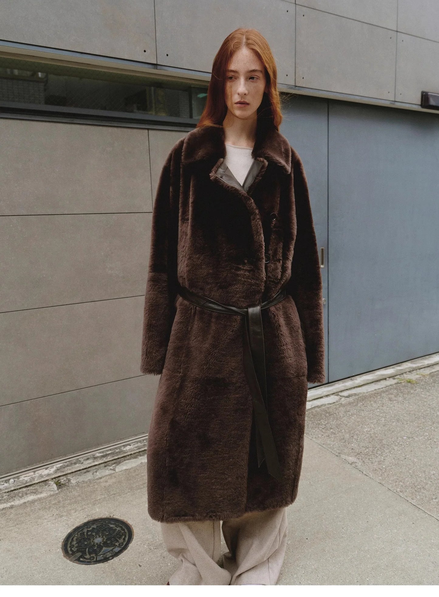 "Mocha Phantom" Merino Wool Dropped Shoulder Long Asymmetric Placket Sheepskin Coat