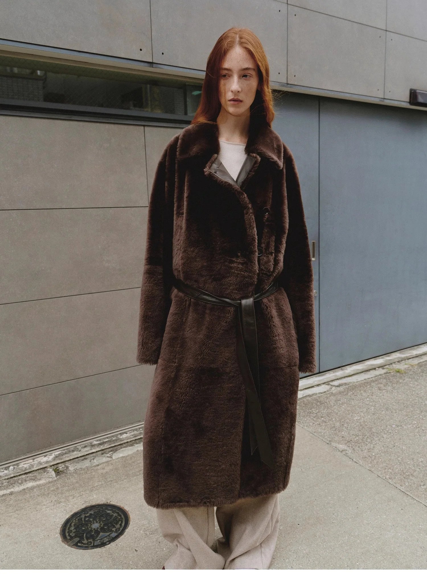 "Mocha Phantom" Merino Wool Dropped Shoulder Long Asymmetric Placket Sheepskin Coat