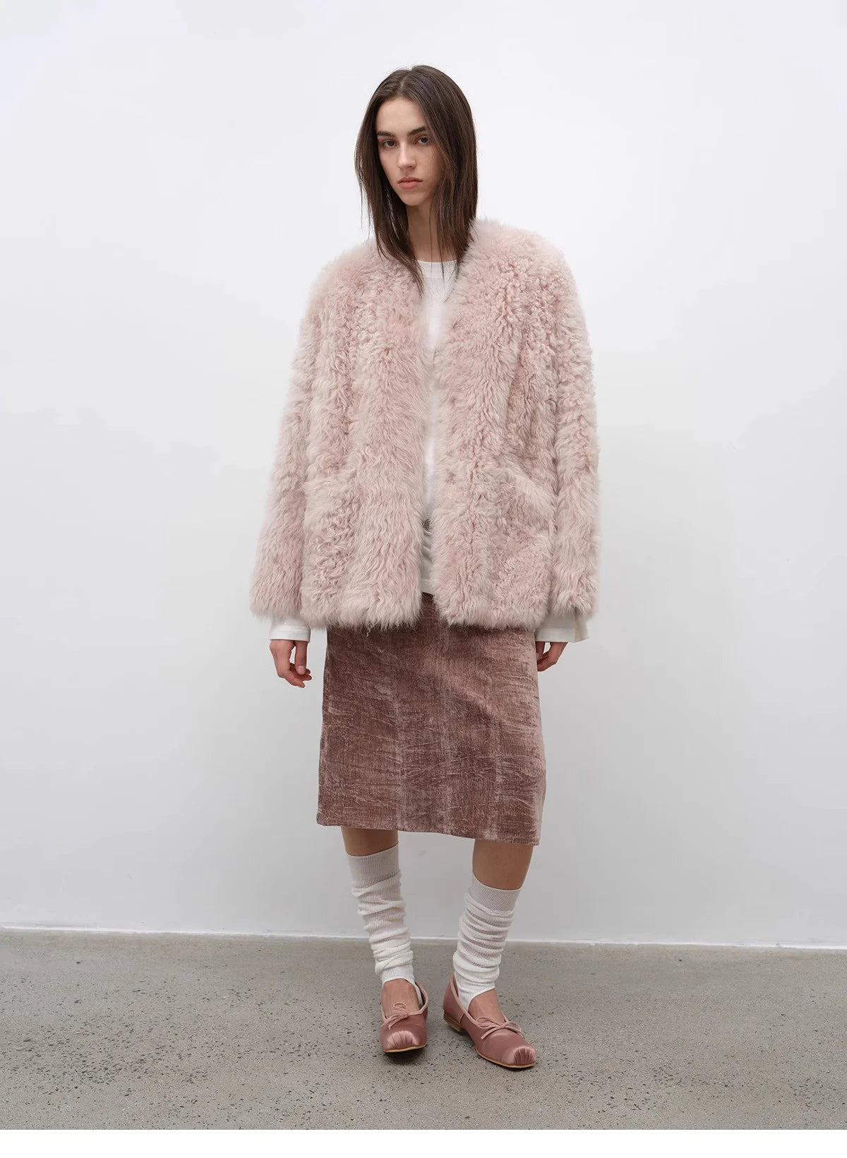 "Castle Dusk" V-Neck Italian Imported Tuscan Curly Wool Sheepskin Fur Coat Winter