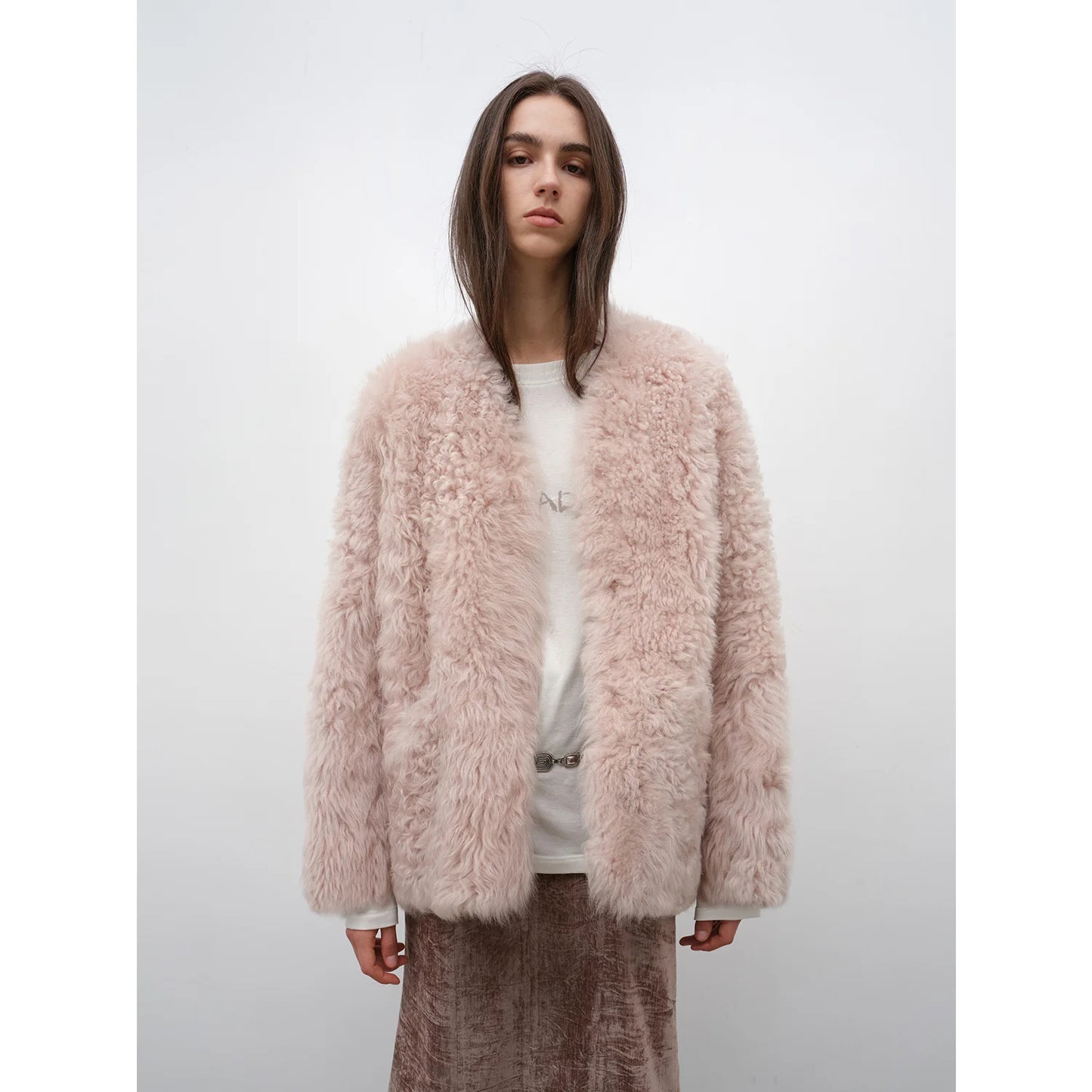 "Castle Dusk" V-Neck Italian Imported Tuscan Curly Wool Sheepskin Fur Coat Winter