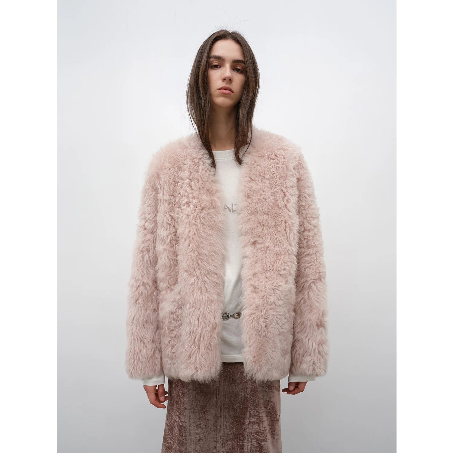 "Castle Dusk" V-Neck Italian Imported Tuscan Curly Wool Sheepskin Fur Coat Winter
