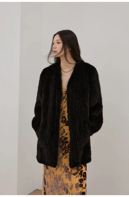 "Moon Serenade" High-Luxury Imported Velvet Mink Woven Fur Coat Mid-Length Mink Coat (Handmade)