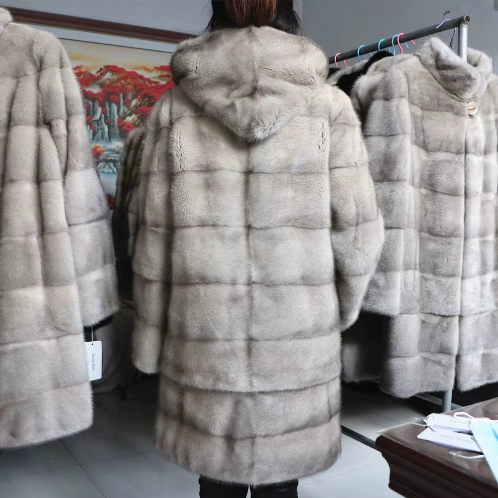 Real Mink Fur Coats Hooded New Mink Velvet Luxury Natural Women Winter Thick Loose Warm Outwear Plush Jacket Female