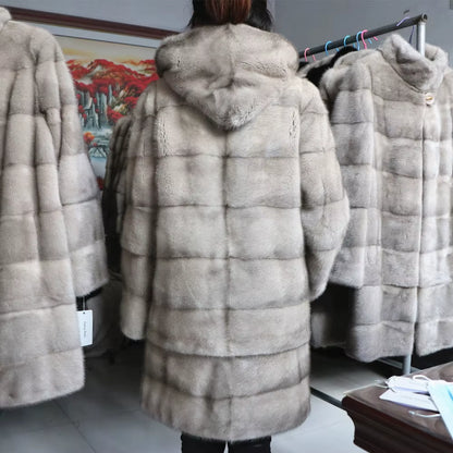 Real Mink Fur Coats Hooded New Mink Velvet Luxury Natural Women Winter Thick Loose Warm Outwear Plush Jacket Female