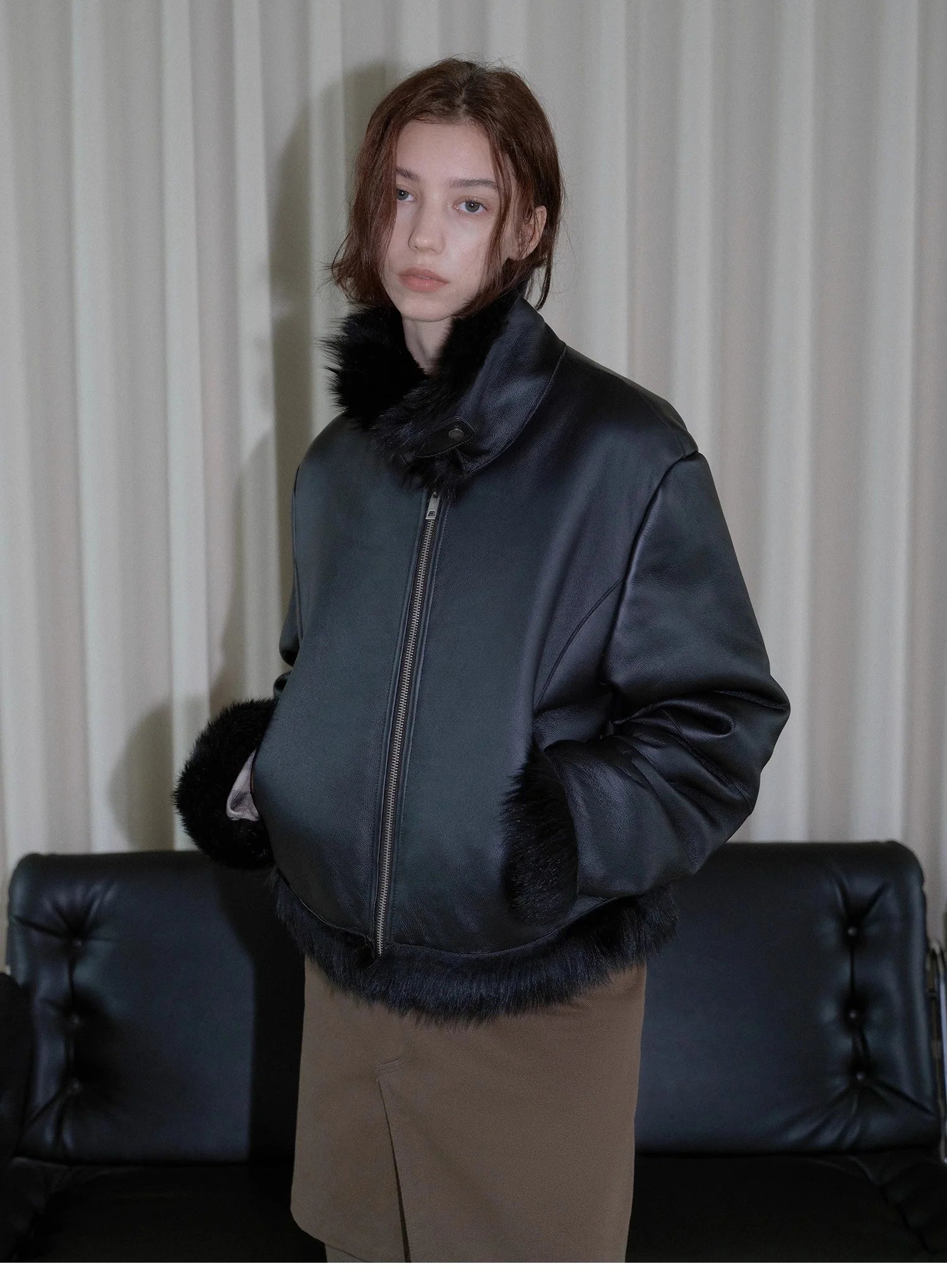 "Luxury and Elegance" Motorcycle Style Tuscan Sheepskin Short Fur Coat for Women
