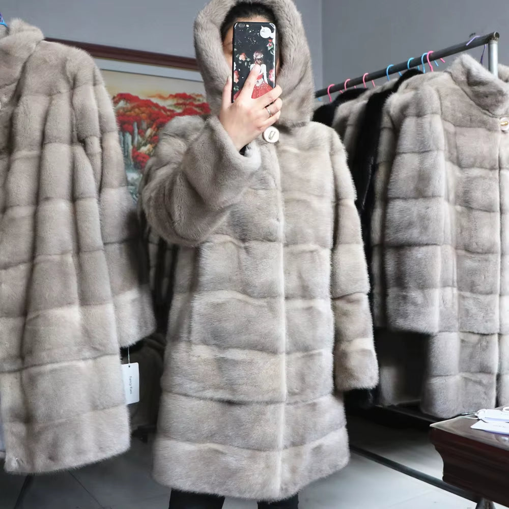 Real Mink Fur Coats Hooded New Mink Velvet Luxury Natural Women Winter Thick Loose Warm Outwear Plush Jacket Female
