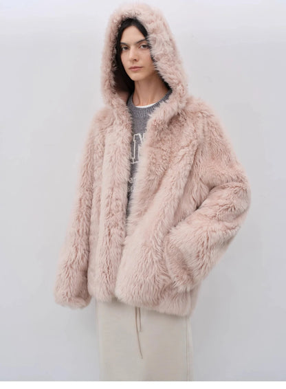 "Winter Snow" Lazy Silhouette Hooded Tuscan Curly Sheepskin Fur Coat Winter