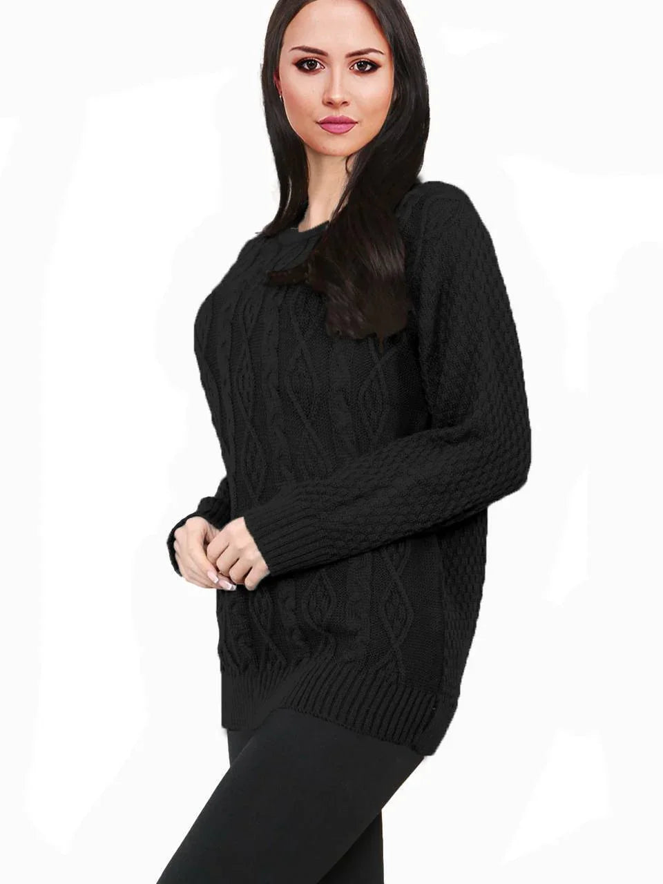 Women Long Sleeve Chunky Cable Knitted Crew Neck Winter Sweater Jumper Top