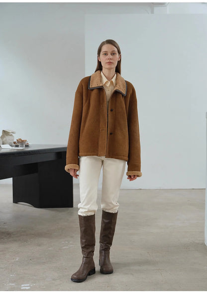 Fireladyfur Merino Wool Sheepskin Coat with Stand-Up Fur Collar"Knight'S Contract"