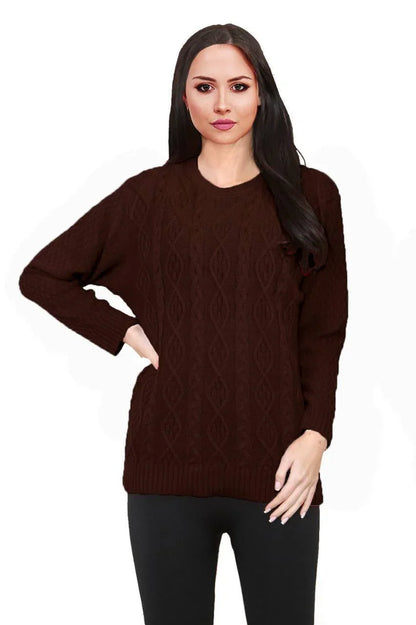 Women Long Sleeve Chunky Cable Knitted Crew Neck Winter Sweater Jumper Top
