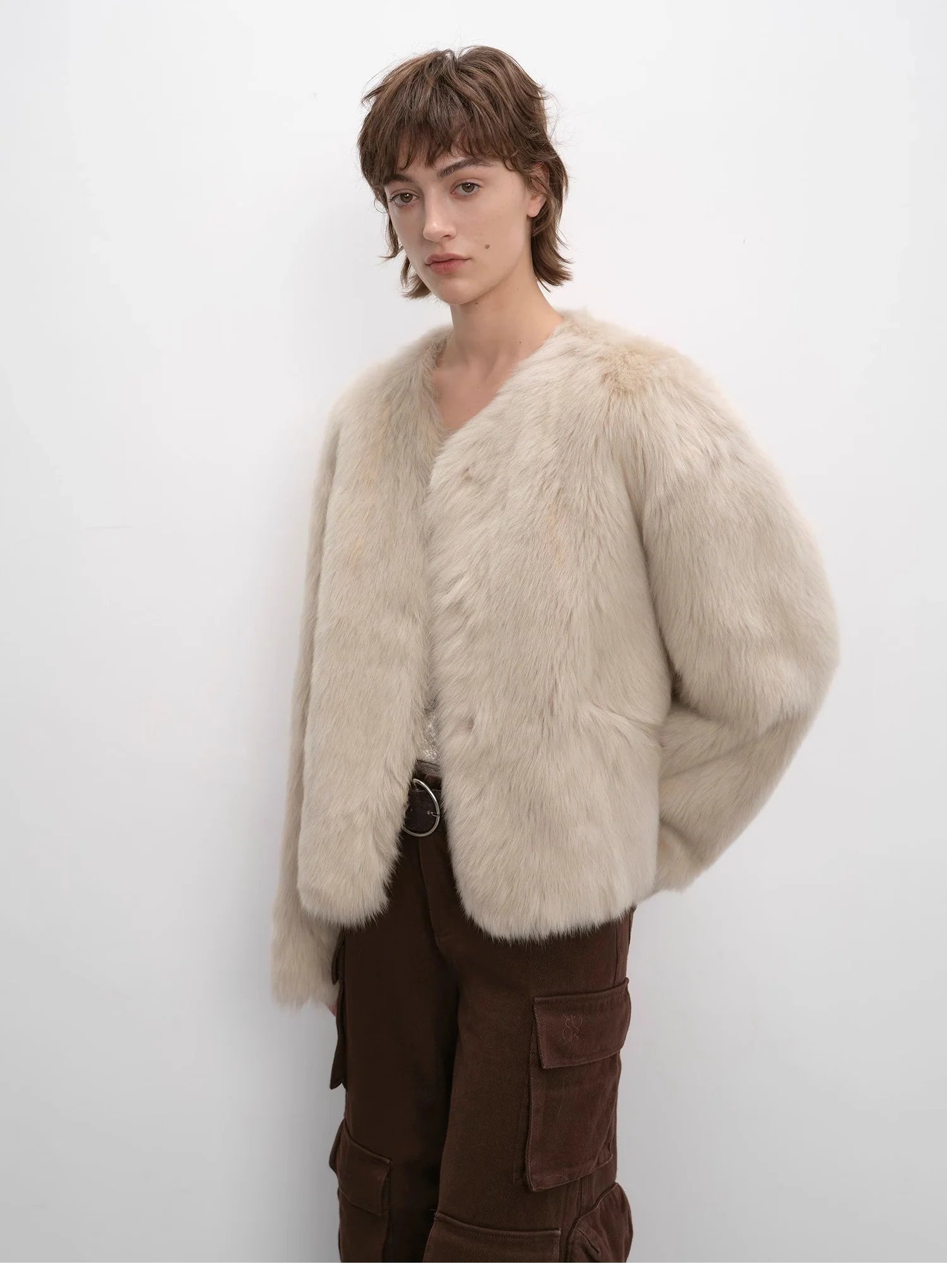 "Darcy Manor" Imported Tuscan Straight Wool Sheepskin Sweetheart Collar Short Fur Coat