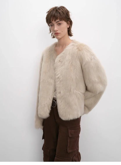 "Darcy Manor" Imported Tuscan Straight Wool Sheepskin Sweetheart Collar Short Fur Coat
