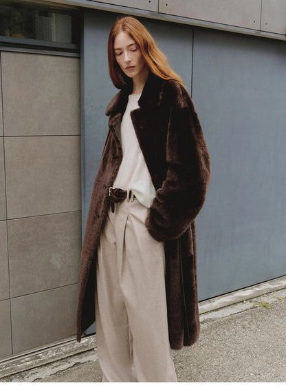 "Mocha Phantom" Merino Wool Dropped Shoulder Long Asymmetric Placket Sheepskin Coat