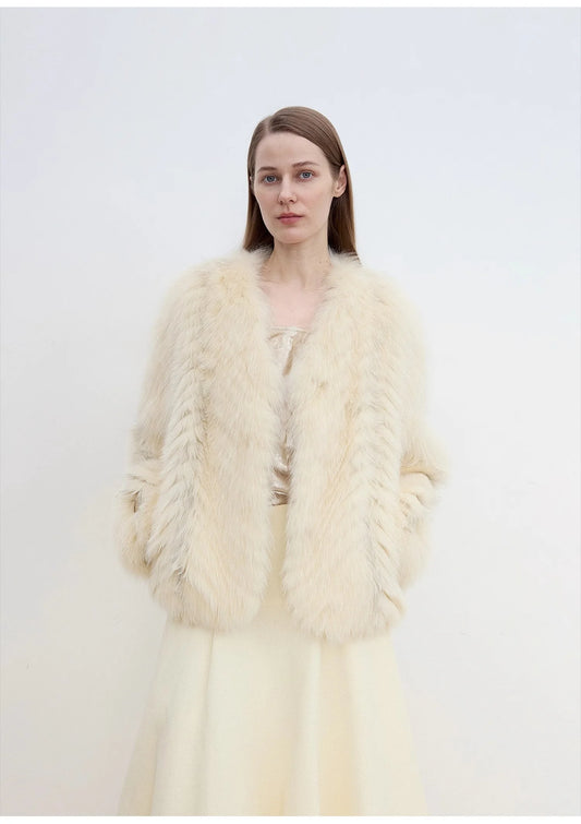 "Champagne on a Snowy Night" Imported Fox Fur Two-Tone V-Neck Oblique Stripe Slim Jacket