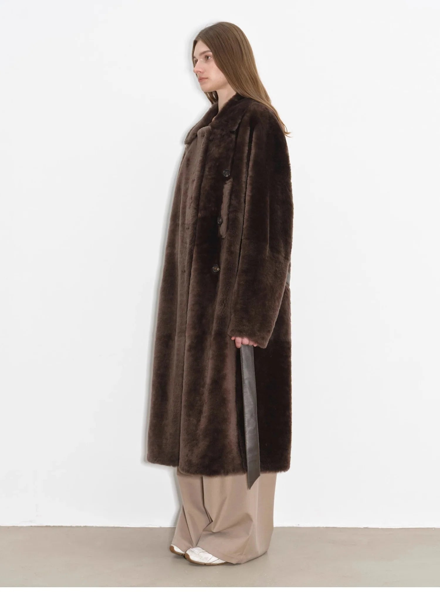 "Mocha Phantom" Merino Wool Dropped Shoulder Long Asymmetric Placket Sheepskin Coat