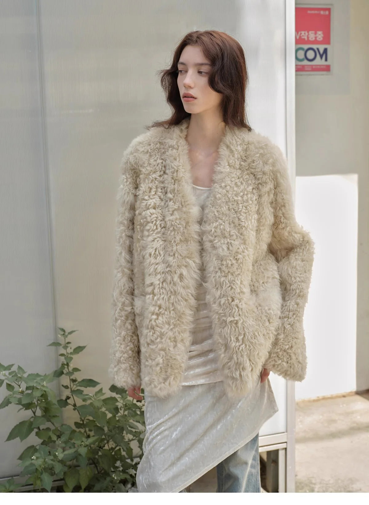 "Castle Dusk" V-Neck Italian Imported Tuscan Curly Wool Sheepskin Fur Coat Winter