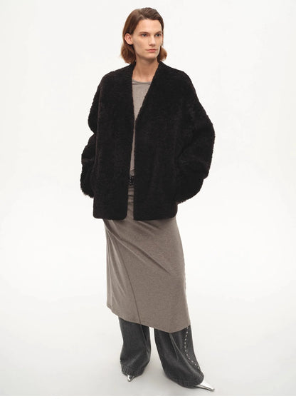 "Paris Night" Luxury Lightweight V-Neck Mid-Length Imported Ragone Sheepskin Fur Coat