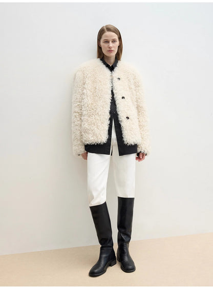 "Ghost Horse Girl" Merino Curly Sweetheart Collar Straight Fur Coat