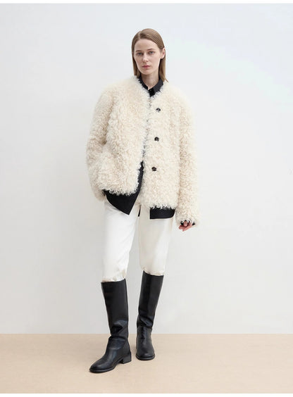"Ghost Horse Girl" Merino Curly Sweetheart Collar Straight Fur Coat