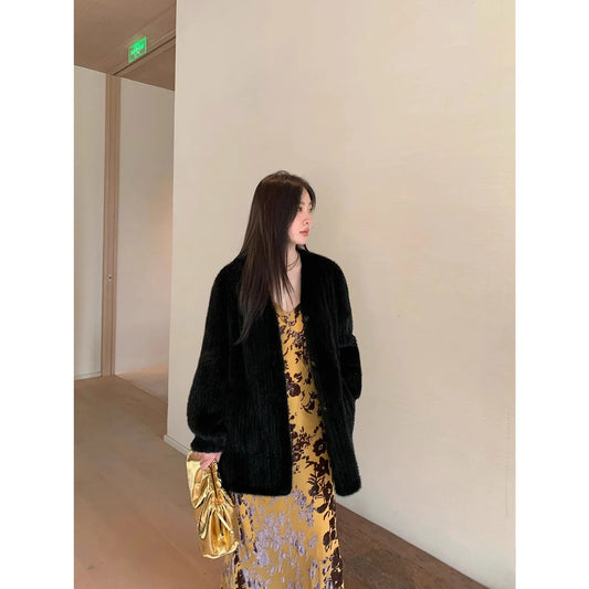 "Moon Serenade" High-Luxury Imported Velvet Mink Woven Fur Coat Mid-Length Mink Coat (Handmade)