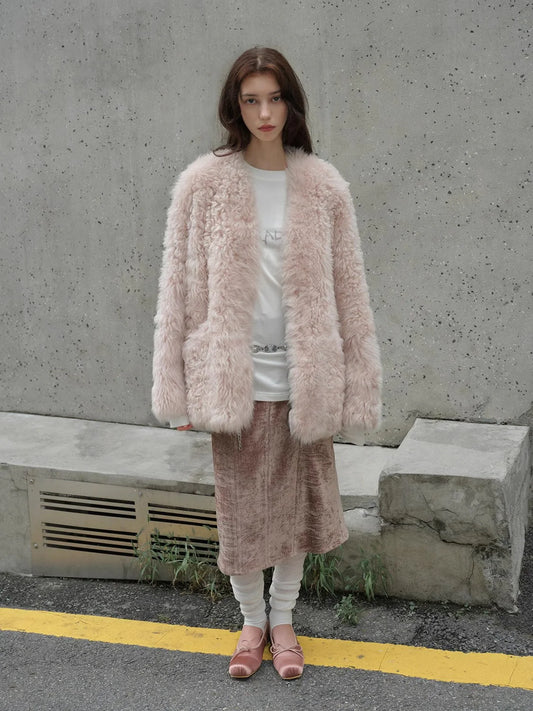 "Castle Dusk" V-Neck Italian Imported Tuscan Curly Wool Sheepskin Fur Coat Winter