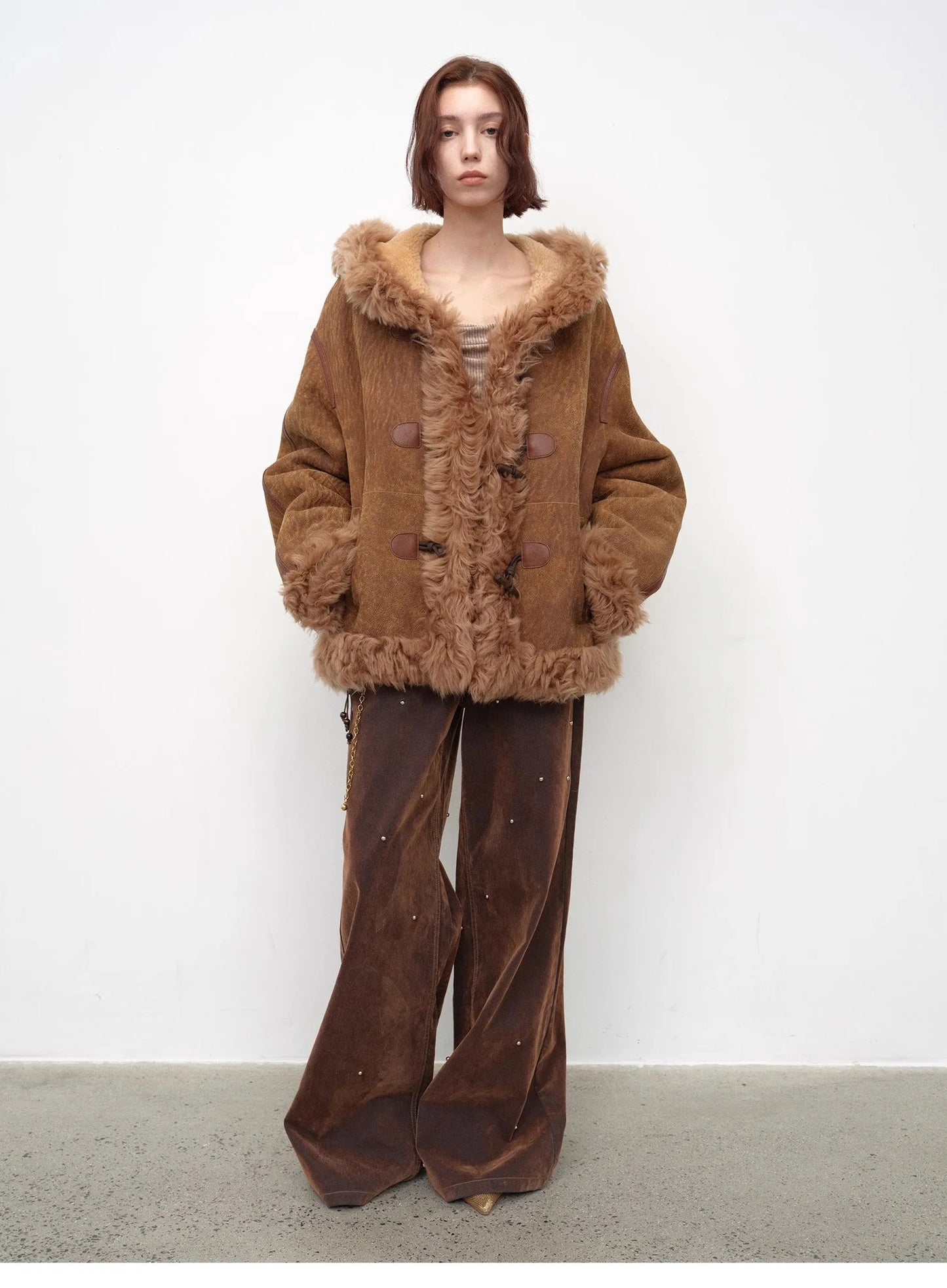 "Modern Weekend" Drop Shoulder Hooded Merino Wool Sheepskin Fur Coat Winter