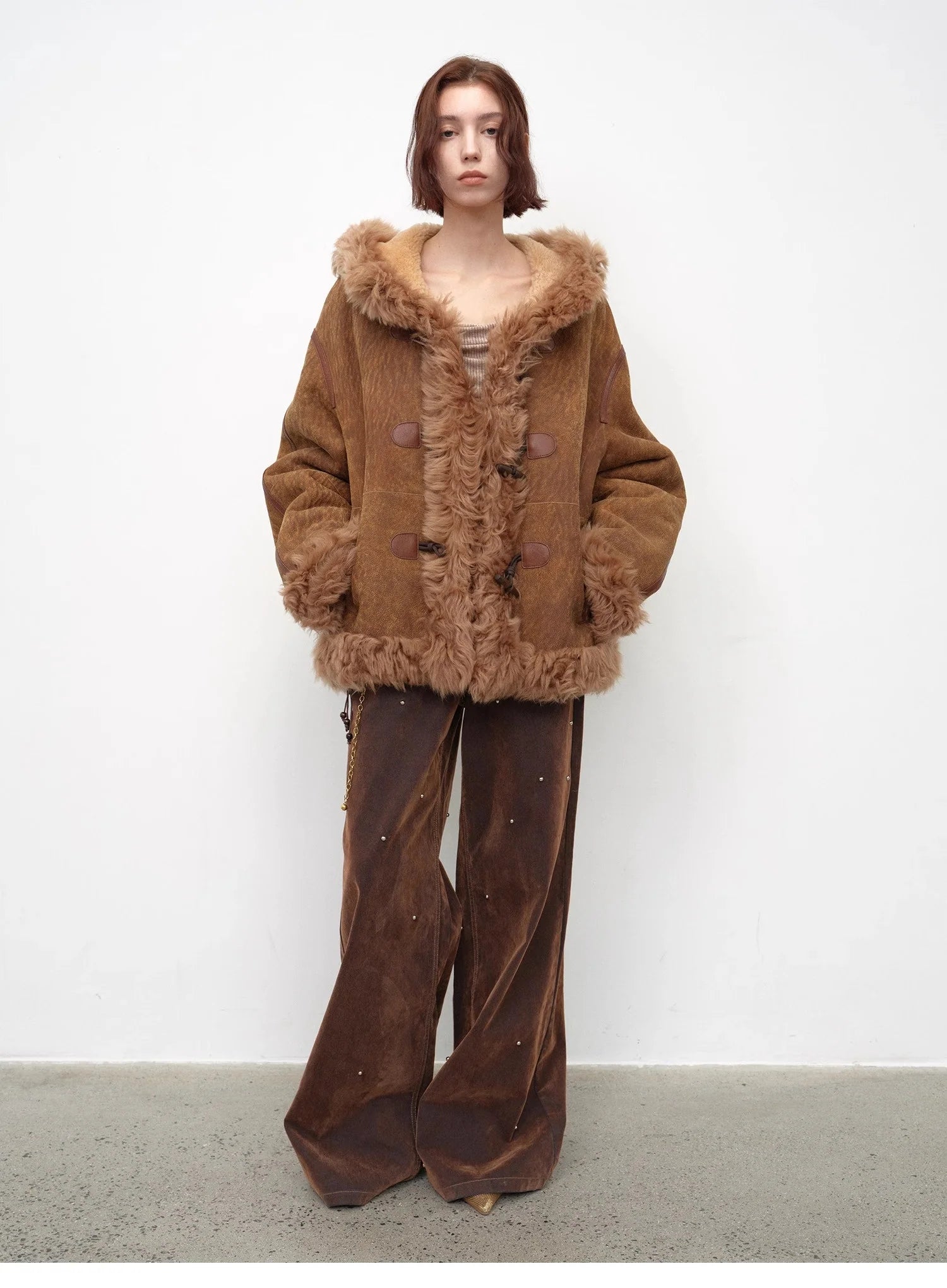"Modern Weekend" Drop Shoulder Hooded Merino Wool Sheepskin Fur Coat Winter