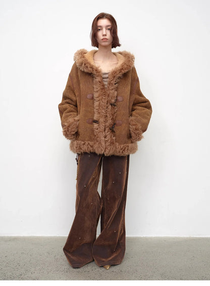 "Modern Weekend" Drop Shoulder Hooded Merino Wool Sheepskin Fur Coat Winter