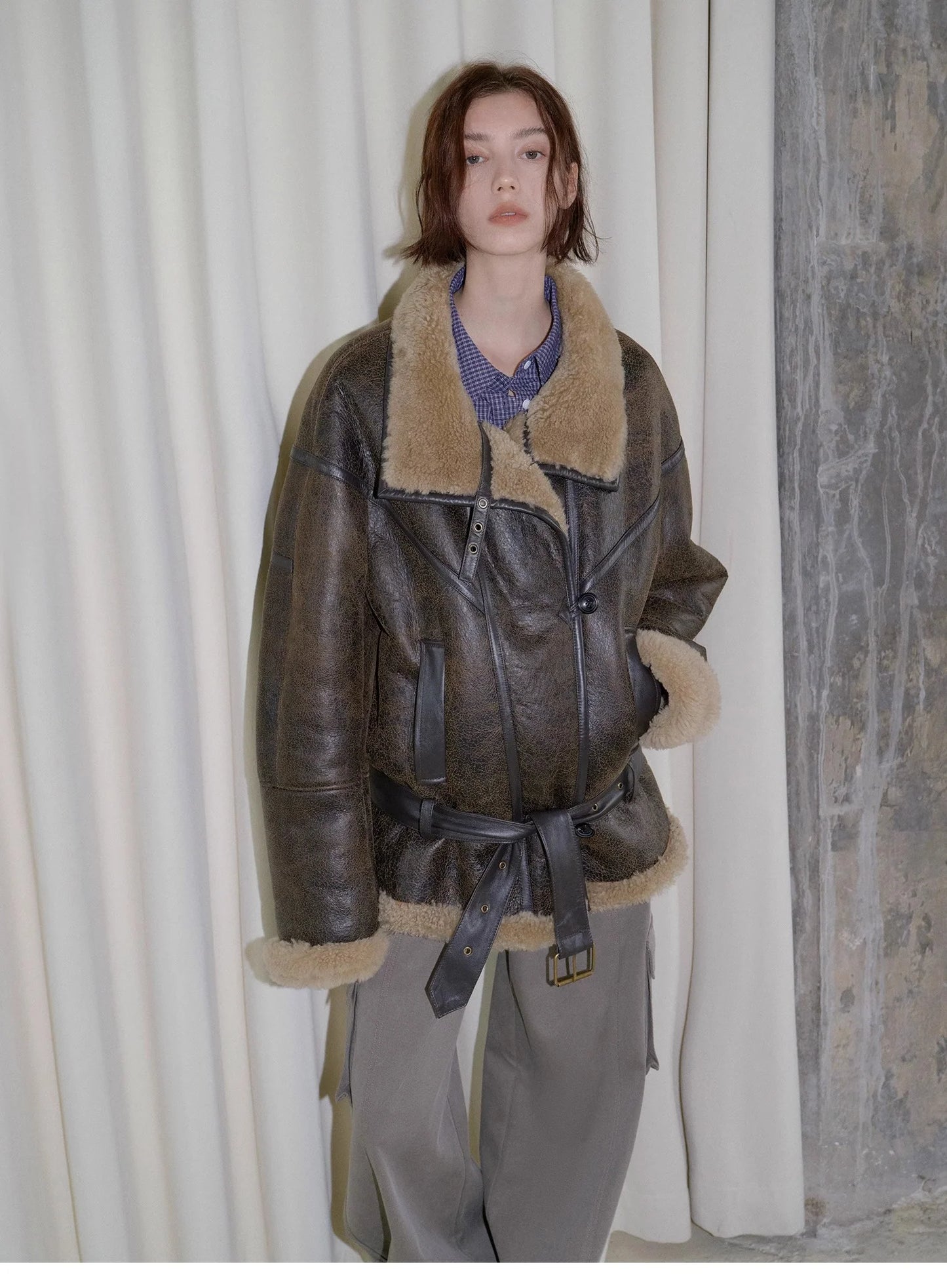 "London Street"Motorcycle Style Lapel Imported Merino Fur One-Piece Fur Jacket Winter