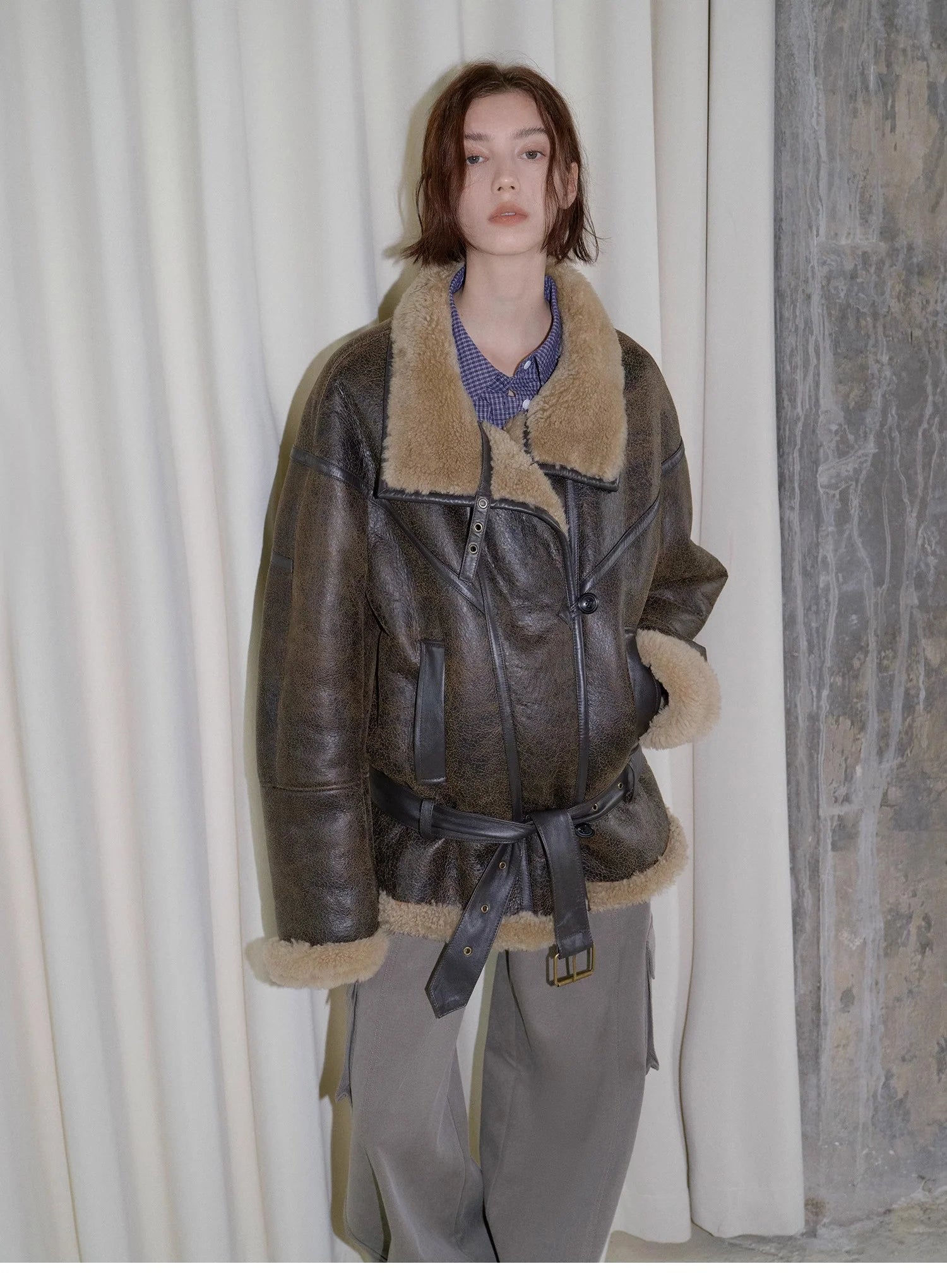 "London Street"Motorcycle Style Lapel Imported Merino Fur One-Piece Fur Jacket Winter