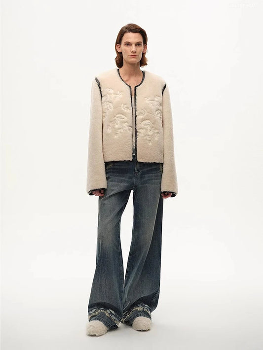 "FF×JW Muse Project" Embroidered round Neck Short Merino Wool Sheepskin Fur Coat