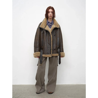 "London Street"Motorcycle Style Lapel Imported Merino Fur One-Piece Fur Jacket Winter