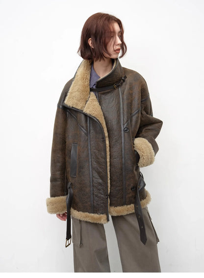 "London Street"Motorcycle Style Lapel Imported Merino Fur One-Piece Fur Jacket Winter