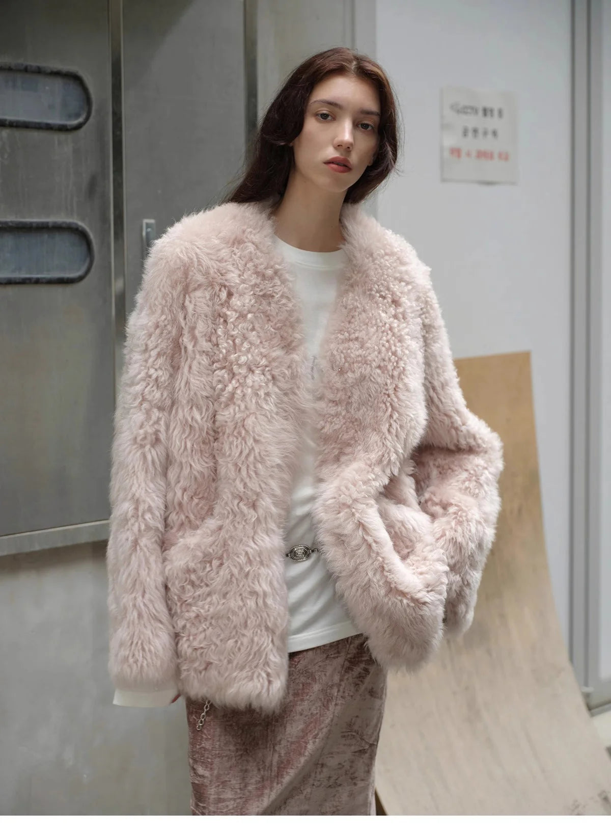 "Castle Dusk" V-Neck Italian Imported Tuscan Curly Wool Sheepskin Fur Coat Winter