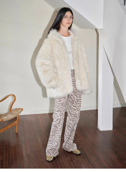 "Winter Snow" Lazy Silhouette Hooded Tuscan Curly Sheepskin Fur Coat Winter