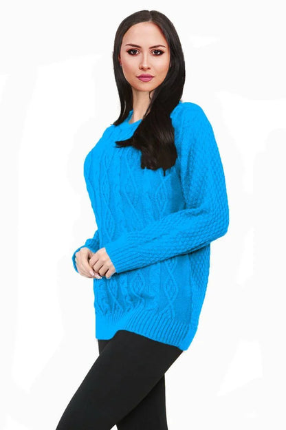 Women Long Sleeve Chunky Cable Knitted Crew Neck Winter Sweater Jumper Top