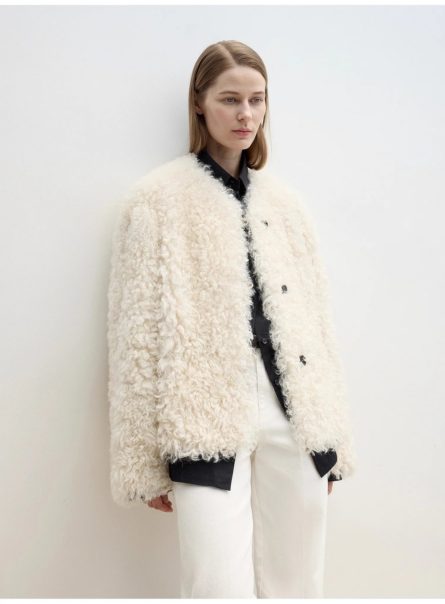 "Ghost Horse Girl" Merino Curly Sweetheart Collar Straight Fur Coat