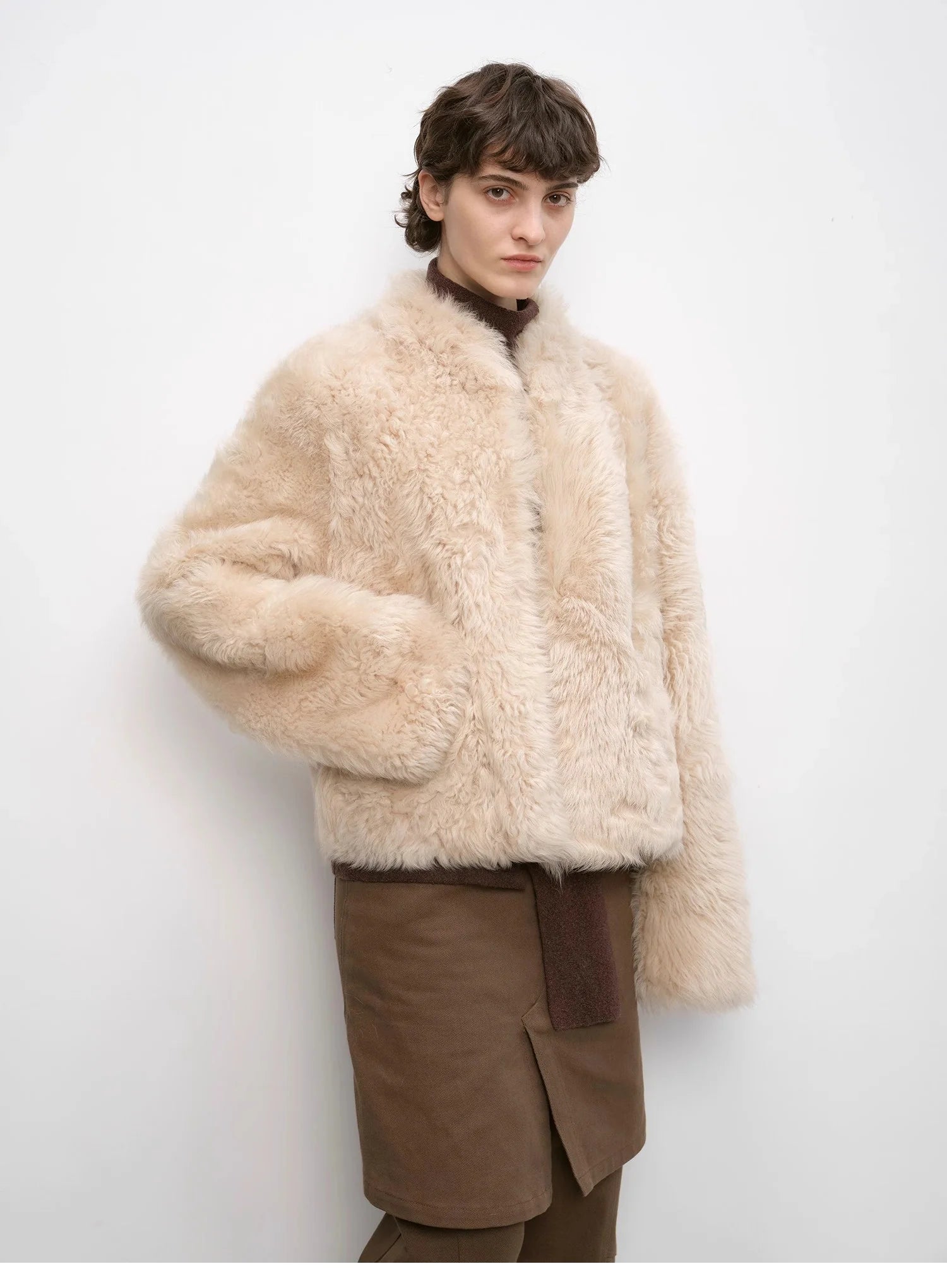 "Autumn Basel" Imported Tuscan Sheepskin Half-Roll Short Casual Fur Coat