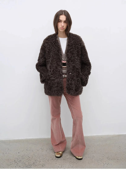 "Castle Dusk" V-Neck Italian Imported Tuscan Curly Wool Sheepskin Fur Coat Winter