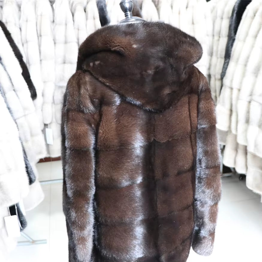 Real Mink Fur Coats Hooded New Mink Velvet Luxury Natural Women Winter Thick Loose Warm Outwear Plush Jacket Female