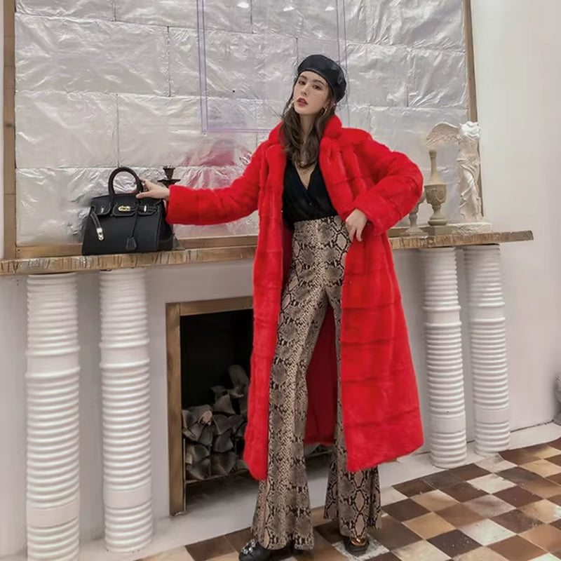 2025 Real Whole Mink Fur X-Long Coat Factory Direct Sale Winter Slim Warm Female Mink Fur Long Turn-Down Collar Jacket