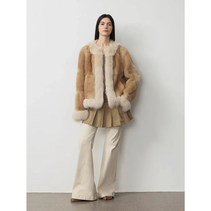 "Casual Gene" Wide Shoulder Straight Fit Blue Mink Fur Patchwork with Contrasting Fox Fur Coat for Women