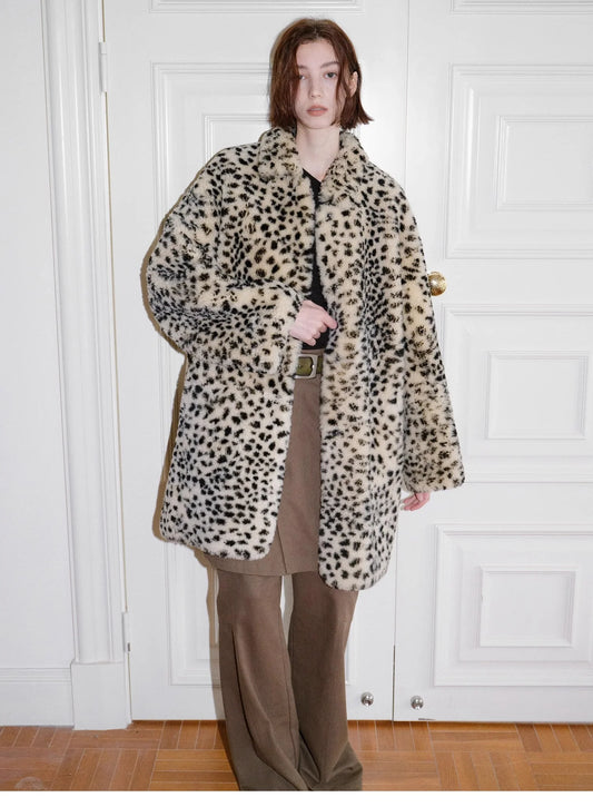 "Leopard Print Sniper" Imported Merino Sheepskin Fashionable Off-Shoulder Slim Mid-Length Fur Coat
