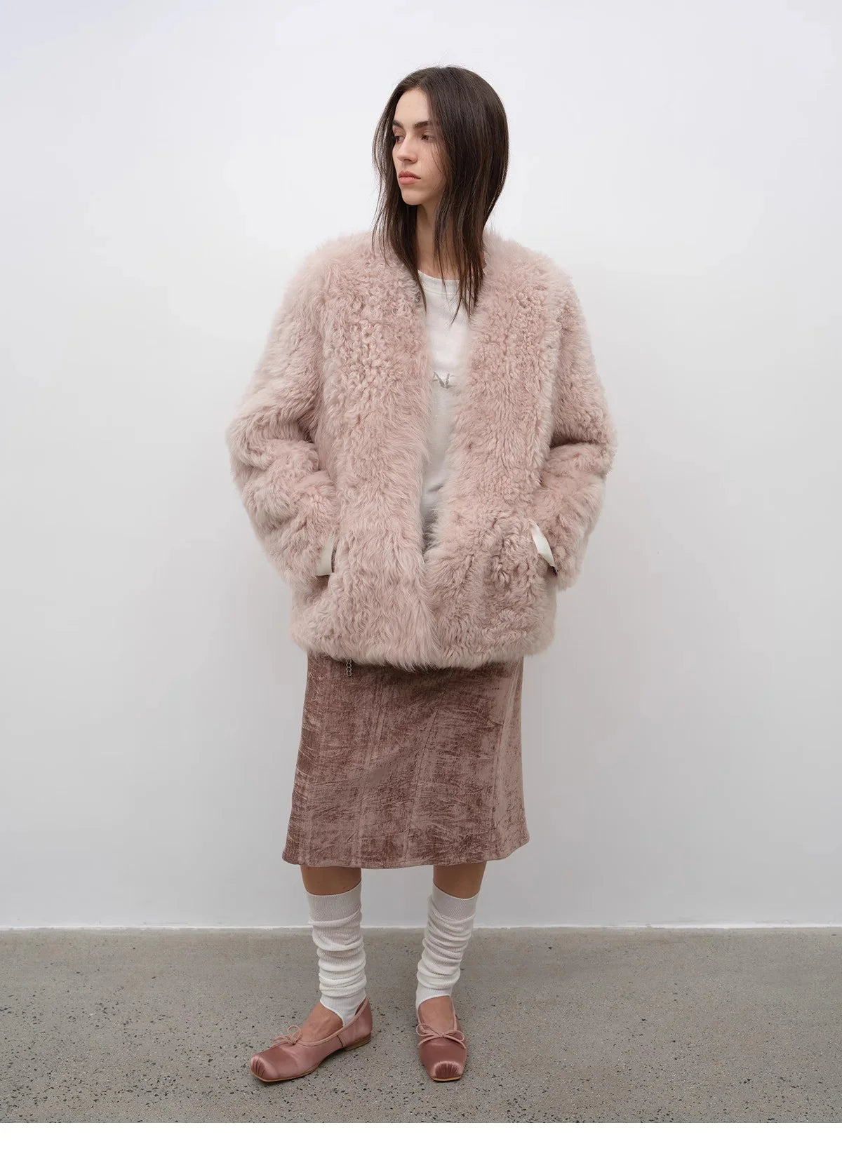 "Castle Dusk" V-Neck Italian Imported Tuscan Curly Wool Sheepskin Fur Coat Winter